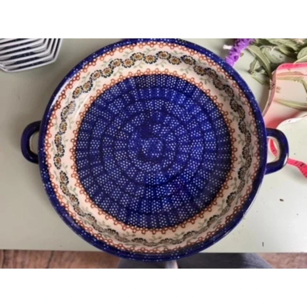 Vintage Hand-painted Serving Dish Stoneware Cobalt Blue‎ Floral Unikat Pattern